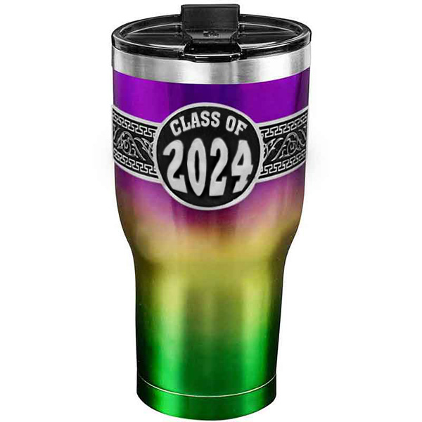 A customized tumbler made of stainless steel with a personalized engraved Class of 2024 lettering, 30 oz, ideal for coffee or cool drinks